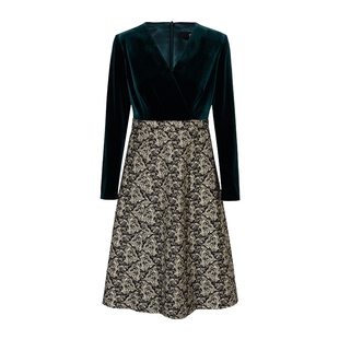 专柜正品马天奴秋冬秋冬绿色丝绒拼接提花连衣裙收腰A字裙礼裙