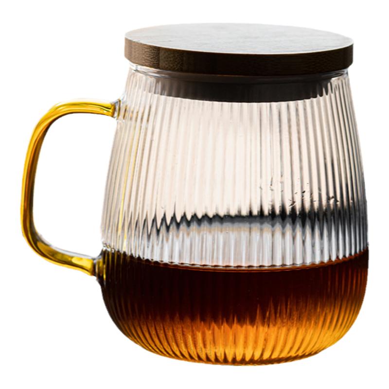 日式条纹玻璃水杯带盖勺子耐热花茶牛奶咖啡杯泡茶杯啤酒杯果汁杯