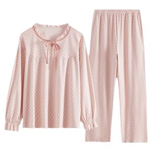 康妮雅格子纯棉睡衣春秋款女2026新款长袖长裤套装甜美宽松家居服