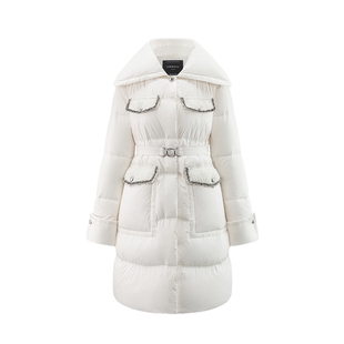 艾莱依新款小香风羽绒服翻领收腰气质长款大衣精致轻奢优雅外套女