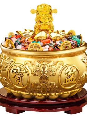 五彩石铜聚宝盆摆件招财聚财