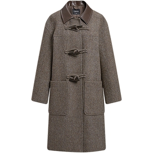 KBNE2025冬季新款学院风复古皮领中长款全羊毛牛角扣毛呢大衣外套