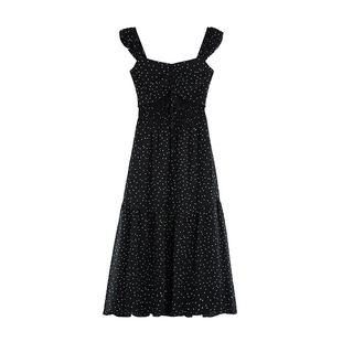 NEVA HU法式飞飞袖波点吊带连衣裙女夏季设计感a字收腰显瘦长裙