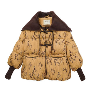 2025冬季新款新中式羽绒服女国风牛角扣印花海军领短款鹅绒外套女
