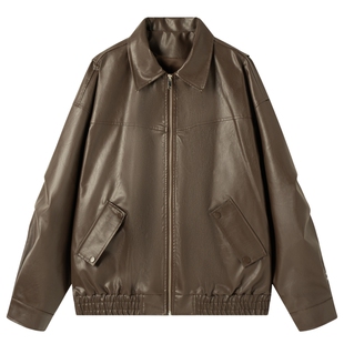 男士棕色皮夹克男款冬季翻领机车风外套美式复古2025新款上衣百搭