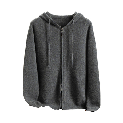 冬季新款100%纯山羊绒连帽开衫男重磅加厚高端拉链针织休闲外套潮
