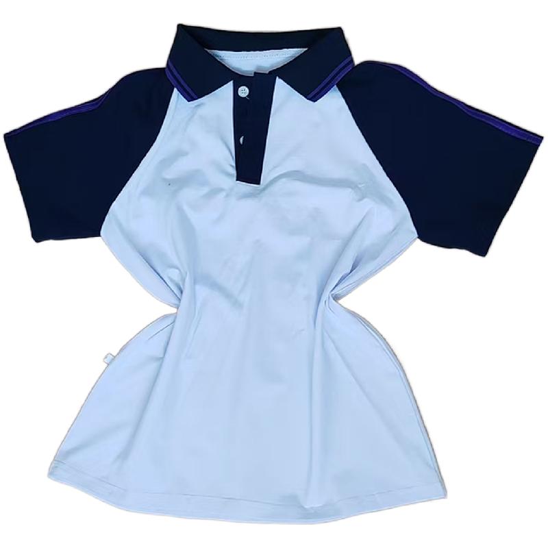 白色校服短袖藏蓝插肩袖两道紫色杠男女通用学生班服POLO衫上衣夏