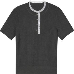 诗篇专选天丝莱赛尔半开襟撞色花边领针织短袖T恤衫夏款