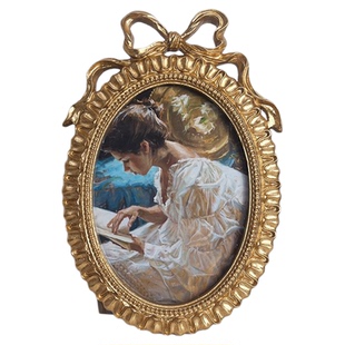 法式金色复古蝴蝶结相框浮雕画框椭圆形桌面摆件背景墙装饰画挂画