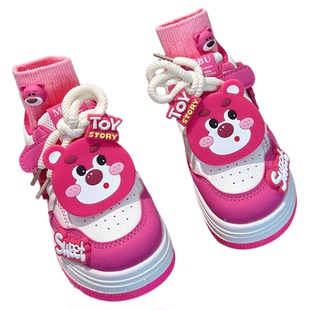 女孩玫红低帮板鞋女宝小童春秋季轻便运动鞋儿童女款皮面女童鞋子