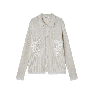 【田栩宁同款】SAME FLOW 立体海棠绣花流苏翻领毛衣开衫外套女秋