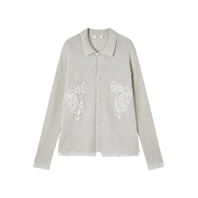 【田栩宁同款】SAME FLOW 立体海棠绣花流苏翻领毛衣开衫外套女秋