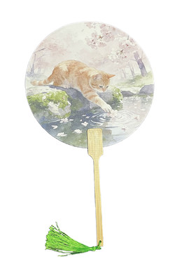 国风猫团扇狸喵古风花卉猫咪扇子