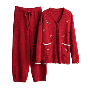 红色新年款 女士半边绒家居服套装 毛绒软糯开衫睡衣 冬款 女装