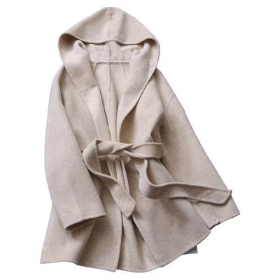 连帽无扣系带中长款双面羊绒大衣