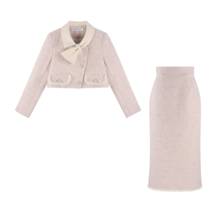 富家千金粉色加厚短外套半身裙两件套女冬季新款法式小香风套装裙