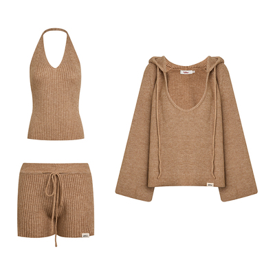 孙乐言同款Liilou 松弛感挂脖背心+连帽大U领罩衫+短裤针织三件套