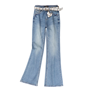 219欧货小蜜蜂春季做旧高弹时尚弹力牛仔裤修身显瘦休闲微喇裤女