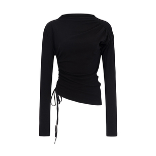 OTHERSTORE 沉醉黑玫瑰 黑色斜肩长袖T恤女抽褶设计百搭修身上衣