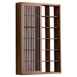 洪林坊宋式美学壁挂博古架实木茶室墙上博古架北美黑胡桃木多宝阁