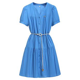 法式V领泡泡袖连衣裙女士2026夏季新款系带掐收腰A字衬衫裙小个子