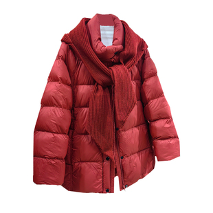 90白鸭绒羽绒服女冬装新款韩系休闲立领保暖上衣连帽针织围巾红色
