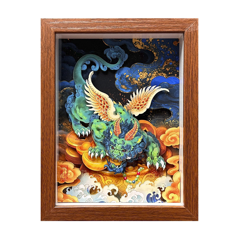 招财貔貅立体纸艺画装饰画客厅玄关摆件挂画书房茶室非遗剪纸摆件