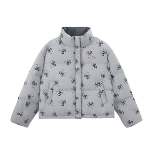 UNIFREE蝴蝶结印花羽绒服立领轻薄宽松防风保暖90绒冬季女士外套