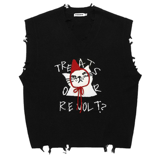 云旗同款GUUKA潮牌小红帽猫咪情侣毛衣背心男 绵羊毛针织马甲坎肩