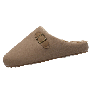 勃肯男鞋冬季加绒保暖一脚蹬懒人棉鞋老钱风比德绒面灰色包头拖鞋