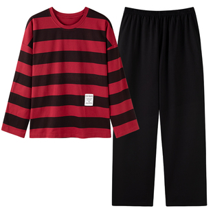 佳韵腾女士睡衣红色条纹休闲纯棉单面加厚保暖套头式球帝季圆领女
