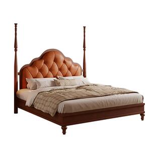 大司马法式复古实木大床主卧一米八排骨床架家用油蜡布软包双人床