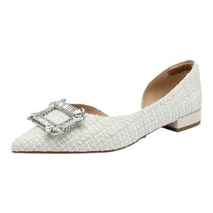 自由姿色尖头单鞋女粗跟不累春夏季新款侧空水钻方扣包头晚宴女鞋