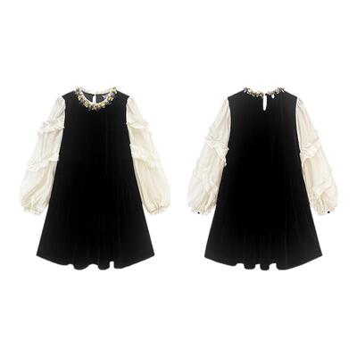 dfvc复古A字裙丝绒连衣裙钉珠