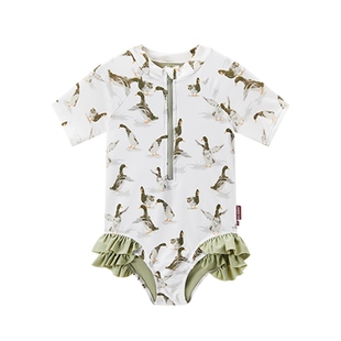 Milkbarn夏季儿童连体泳衣宝宝短袖三角泳装女孩荷叶边泳衣裤