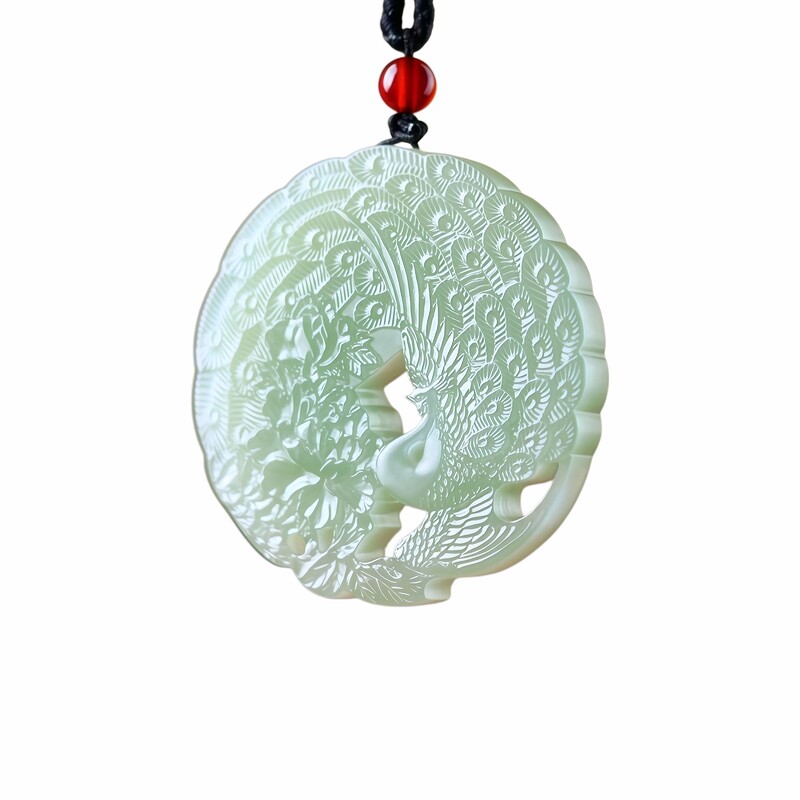天然和田玉牌双面镂空孔雀牡丹