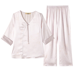 美标春秋新款真丝睡衣女桑蚕丝新中式国风长袖家居服套装丝绸睡衣