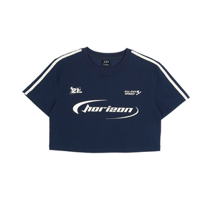 A21女装宽松圆领落肩短袖T恤夏季新款2024美式短款露脐装打底衫女