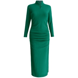 新中式国风改良旗袍褶皱遮肚子收腰显瘦修身针织连衣裙长款到脚踝