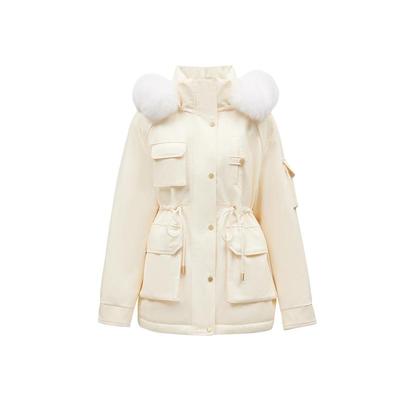 绫致ONLY2024秋冬新款90白鸭绒潮奢连帽毛领派克羽绒服女时尚