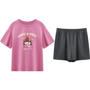 红豆可外穿睡衣女夏凉感棉套头短袖休闲可外穿家居服T恤套装夏天