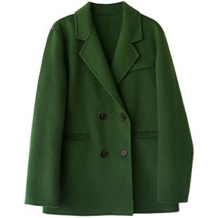 徐莫西 复古古着风绿色西装式短款双面呢羊毛大衣女秋冬毛呢外套