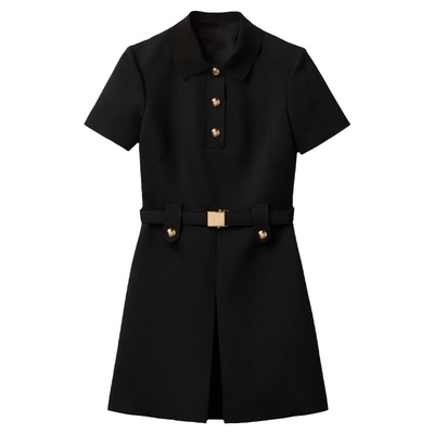 白鹿同款黑色polo领连衣短裙女高级感短袖显瘦收腰法式气质a字裙