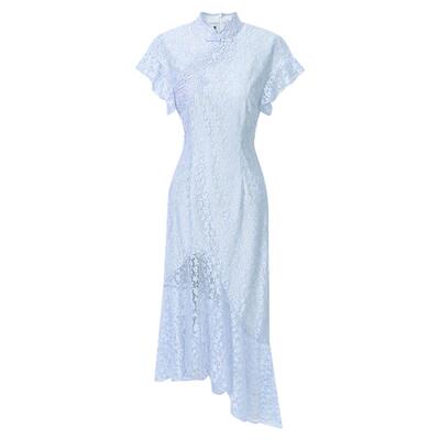 2026夏季新款新中式气质立领短袖收腰不规则鱼尾摆蕾丝旗袍连衣裙