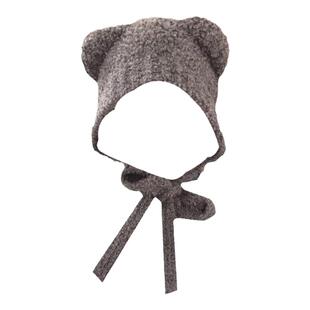 可爱小熊毛绒帽子冬天女款百搭保暖护耳毛线帽秋冬防寒保暖针织帽