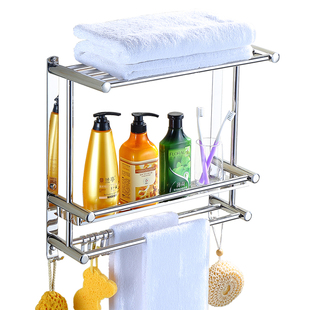 免打孔置物架卫生间不锈钢304浴室毛巾架用品收纳架2层墙上壁挂式