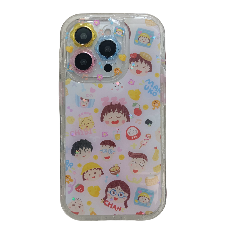 可爱卡通樱桃小丸子涂鸦带链条适用苹果16手机壳iPhone14pro小众16PRO新款女款13硅胶15ProMax防摔全包保护套