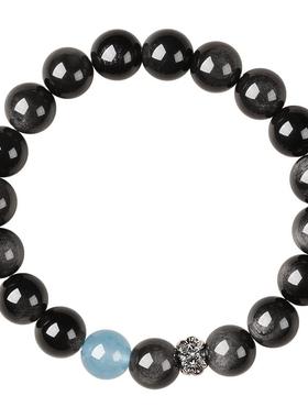 天然黑曜石手串本命年海蓝宝手链