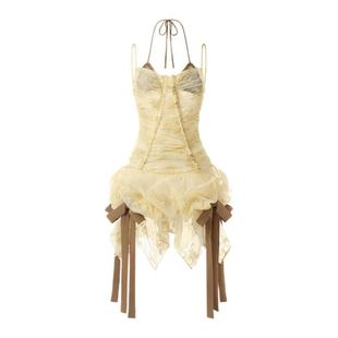 【钟丽丽同款】LSOUL 鹅黄色吊带连衣裙蝴蝶收腰显瘦短款不规则裙