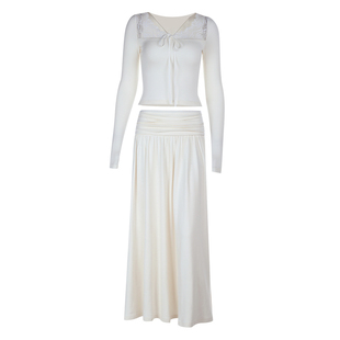 小可wiwi大方领蕾丝拼接上衣半身裙套装缩褶A摆显瘦半裙两件套女